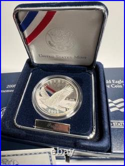 5 Sets- 2008 Bald Eagle Commemorative Silver Proof Dollar, Ea3 Us Mint, Box+coa