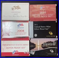 6 Different Silver Proof Sets 2007, 2008, 2009, 2010, 2011, 2014, Original Boxes