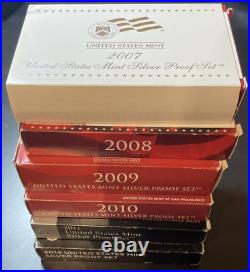 6 Different Silver Proof Sets 2007, 2008, 2009, 2010, 2011, 2014, Original Boxes