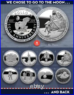 8 Coin Lot Of 1 oz Silver Apollo 11 Proof-Like Capsuled Rounds WithDisplay Box