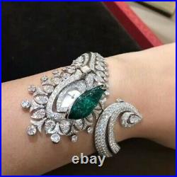 925 Sterling Silver Faceless Green Carved Marquise Cocktail Women's Wrist Watch