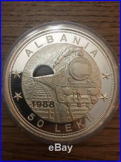 Albania 1988 Railway Train 50 Leke 5oz Silver Proof Coin withbox and COA