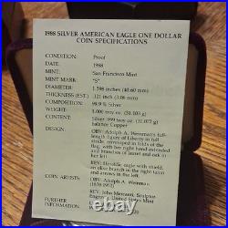 American Eagle 1988 Proof Silver $1 Coin San Francisco Mint with Box & Certificate