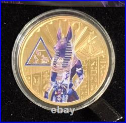 Anubis 1 oz Silver Proof Goldclad Coloured Coin. 999 Silver with Box COA