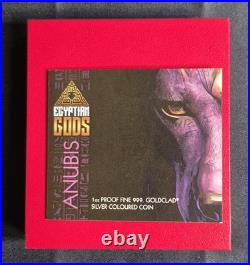 Anubis 1 oz Silver Proof Goldclad Coloured Coin. 999 Silver with Box COA