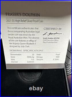 Australia 2021 Fraser's Dolphin 1 oz. 999 Silver $5 High Relief Proof Box & COA Australia 2021 Fraser's Dolphin 1 oz. 999 Silver $5 High Relief Proof Box & COA