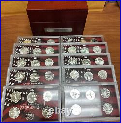 Complete 1999 2008 S US Mint Silver Proof Set State Quarters w Cherry Wood Box