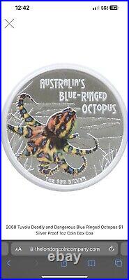 Deadly And Dangerous Series 2008 Blue-Ringed Octopus 1 Oz Silver Proof WithBox-Coa