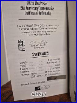 ELVIS PRESLEY 20TH COMMEMORATIVE 1oz TROY. 999 SILVER COIN PROOF BOX & COA#1645