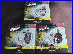Harley Quinn & Joker & Dead Shot 1oz Suicide Squad Silver Proof Coins withBox CoA