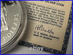 Jamaica, 1979 Prince Charles Investiture 10th Anniv, $25 Silver Proof Box VGOOD