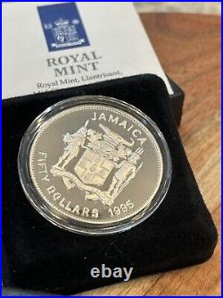 Jamaica 1995 $50 Bob Marley Silver Proof Coin, C0A Royal Mint, In Original Box