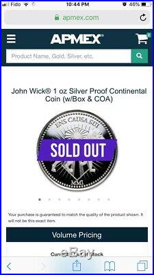 John Wick 1oz Silver Proof Continental Coin (withBox & COA) Only 100 Minted