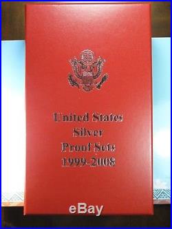 LOT of 10 SILVER PROOF SETS 1999-2008 ORIGINAL PACKAGING CERTIFICATE in RED BOX