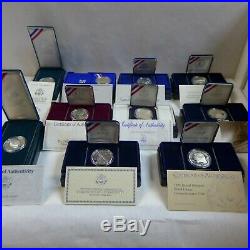 -Lot of (10) Different Commemorative Proof Silver Dollars, Original Boxes & COAs