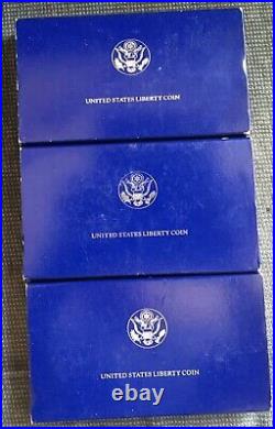 Lot of 3 1986 Liberty Silver Dollar Coins Proof. 86 Troy Ounce US Mint Box COA