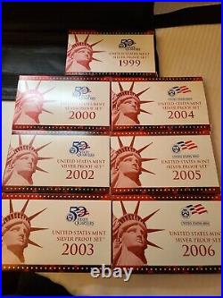 Lot of 7 US Mint Silver Proof Sets 1999,2000,02,03,04,05,06 Boxes/Coas