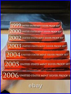 Lot of 7 US Mint Silver Proof Sets 1999,2000,02,03,04,05,06 Boxes/Coas