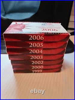 Lot of 7 US Mint Silver Proof Sets 1999,2000,02,03,04,05,06 Boxes/Coas