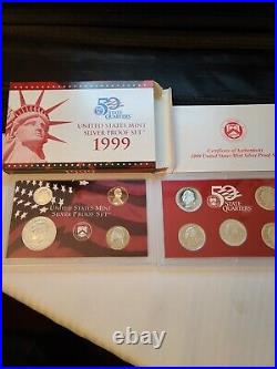 Lot of 7 US Mint Silver Proof Sets 1999,2000,02,03,04,05,06 Boxes/Coas