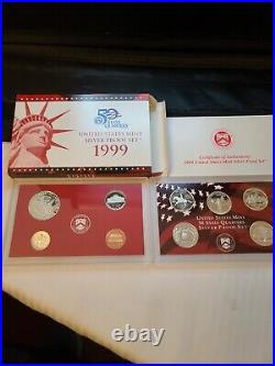 Lot of 7 US Mint Silver Proof Sets 1999,2000,02,03,04,05,06 Boxes/Coas