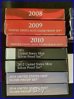 Lot of Silver Proof Sets, 19 Year Run 1999 through 2017, Mint Boxes with COA