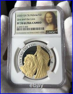 NGC PF70 2020 1oz Gilt ST. Helena Una and The Lion Silver coin Proof COA&BOX