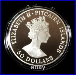 Pitcairn Islands 1988 5 oz. 999 Fine Silver 50 Dollar Bounty GEM Proof Box COA