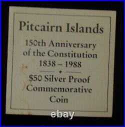 Pitcairn Islands 1988 5 oz. 999 Fine Silver 50 Dollar Bounty GEM Proof Box COA