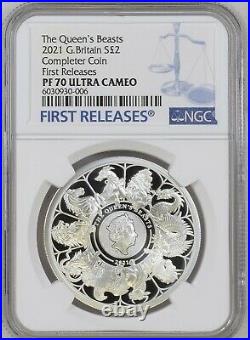 Queen's Beasts 2021completer Coin 1 Ounce Silver Proof Ngc Graded Pf70 + Box