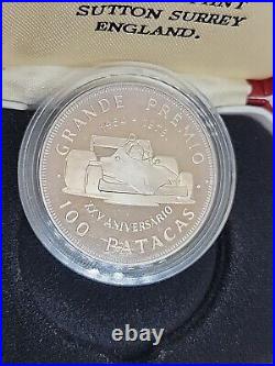 Rare 1978 Macau Silver Proof 100 Patacas Grand Prix Race Car with Original Box