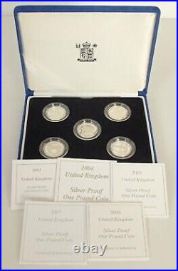 Royal Mint Silver Proof 5 x £1 One Pound Coin Box Set 2003-2007 Yearly Designs