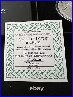 Silver PROOF Merlin 5oz Celtic Lore Proof COA 91/500 Limited Edition Rare Box