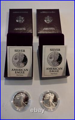 TWO 1992 S Proof $1 American Silver Eagles with Box, OGP & COA