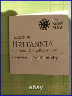 The 2010 UK Britannia One Once Silver Proof Coin Original Box and Certificate