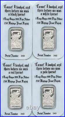 The Poured Corner 4 Horseman Set 4- 1oz. 999 Fine Silver Proof Bars & Holders