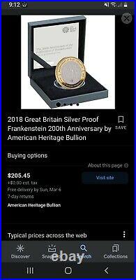 UK Great Britain 2 pound 2018 Frankenstein Silver Proof Gilded Box COA RARE