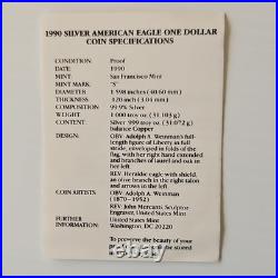 U. S. Mint S. F. 1990 American Eagle 1 oz. 999 Silver Proof Coin with Box & COA