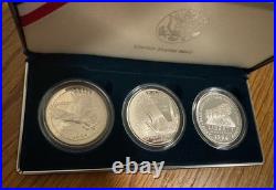 Uncirculated 1994 U. S. Mint Veterans Silver Proof 3 Silver Dollar Set Box & COA