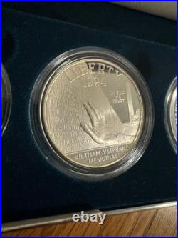 Uncirculated 1994 U. S. Mint Veterans Silver Proof 3 Silver Dollar Set Box & COA