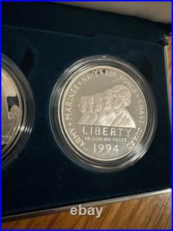 Uncirculated 1994 U. S. Mint Veterans Silver Proof 3 Silver Dollar Set Box & COA