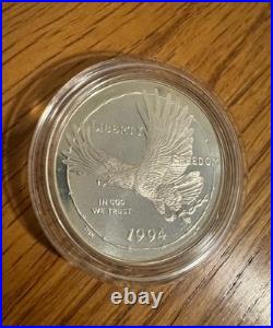 Uncirculated 1994 U. S. Mint Veterans Silver Proof 3 Silver Dollar Set Box & COA
