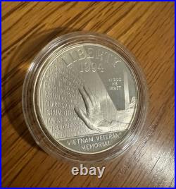 Uncirculated 1994 U. S. Mint Veterans Silver Proof 3 Silver Dollar Set Box & COA