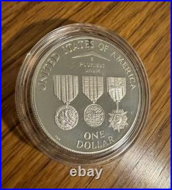 Uncirculated 1994 U. S. Mint Veterans Silver Proof 3 Silver Dollar Set Box & COA