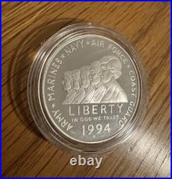 Uncirculated 1994 U. S. Mint Veterans Silver Proof 3 Silver Dollar Set Box & COA