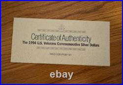 Uncirculated 1994 U. S. Mint Veterans Silver Proof 3 Silver Dollar Set Box & COA
