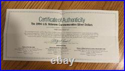 Uncirculated 1994 U. S. Mint Veterans Silver Proof 3 Silver Dollar Set Box & COA
