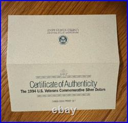 Uncirculated 1994 U. S. Mint Veterans Silver Proof 3 Silver Dollar Set Box & COA Uncirculated 1994 U. S. Mint Veterans Silver Proof 3 Silver Dollar Set Box & COA