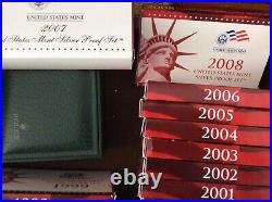Us Mint Silver Proof Sets (10) 1999-2008 Original Box, Coa Lots First & Last